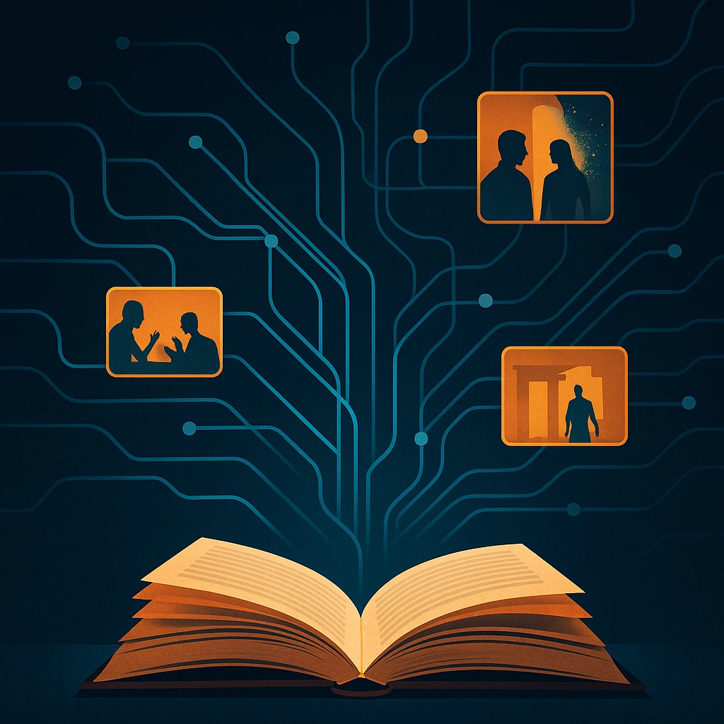 Open book with branching scenes